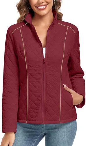 Vista 3 de Anyhold Women's Lightweight Full Zip Jacket Diamond Quilted Coat Long Sleeve Stand Collar Trendy Winter Coat with Pockets