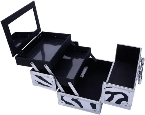 Vista 9 de Caja de tren de maquillaje de aluminio ligero, joyero, organizador de cosméticos con espejo (9.06 x 5.91 x 5.91) (largo x ancho x alto) cebra