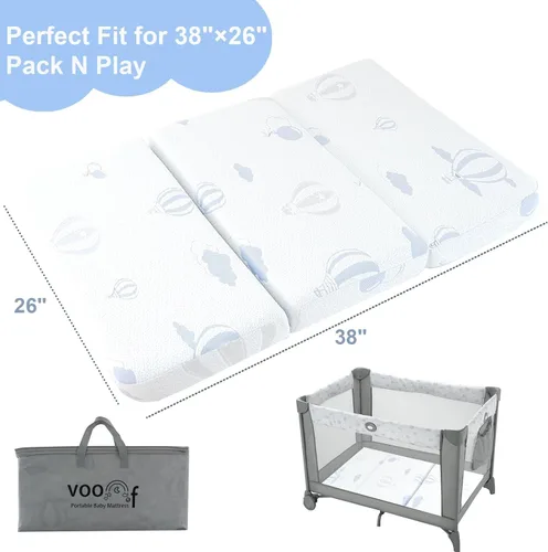 Vista 3 de Colchón Plegable Triple Pack and Play - Almohadillas de Colchones Pack N Play de 38"x26" con Cubierta Removible Transpirable - Colchón de Cuna