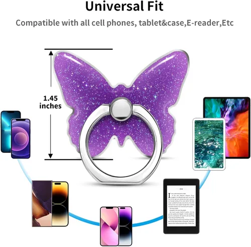 Vista 5 de TACOMEGE Soporte para teléfono con purpurina brillante, diseño de mariposa, color morado para mujeres y niñas, compatible con smartphone, tableta