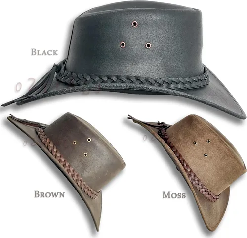 Vista 2 de Sombrero de cuero aceitado australiano Outback australiano vaquero australiano occidental para hombres y mujeres niños negro marrón WO HL11 EE. UU