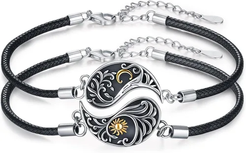 Vista 9 de Yin Yang - Pulsera de plata de ley 925 para parejas, árbol de la vida, luna de sol, montaña, abulón de loto, joyería para mujeres, hombres, parejas