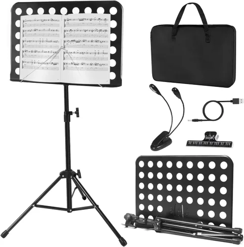 Vista 7 de lotmusic Soporte de música azul, soporte portátil para partituras, soporte de música plegable y ajustable en altura con bolsa, clip de partitura