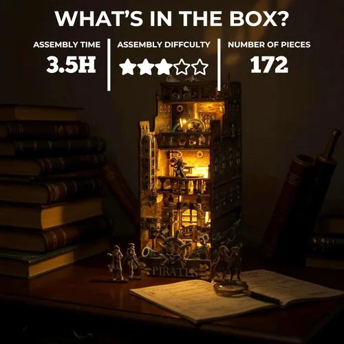 Vista 3 de Dreams Delivery - Kit de rincón de libro, barco pirata de 172 piezas, kit de casa en miniatura LED para bricolaje, rompecabezas de madera 3D, kit
