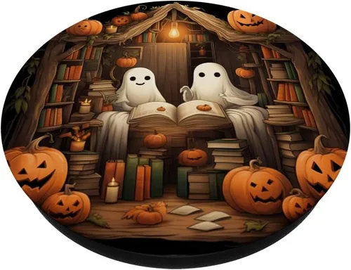 Vista 2 de Fantasmas lindos libros de lectura de Halloween bibliotecario amante de los libros PopSockets estándar PopGrip
