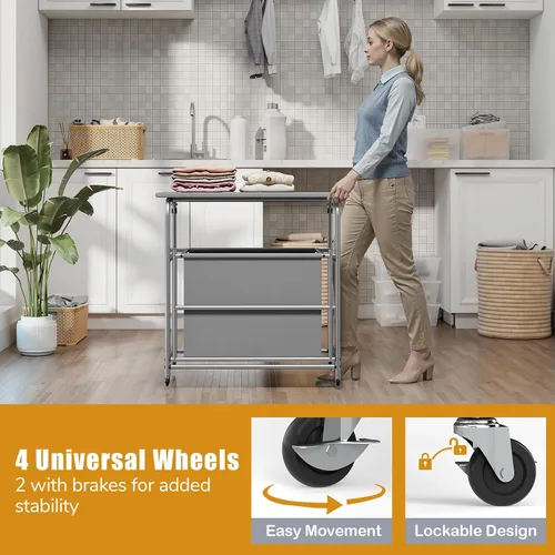 Vista 3 de COSTWAY Cesta de lavandería con tabla de planchar, carrito de lavandería con 3 secciones inclinables con 3 bolsas extraíbles separadas, ruedas