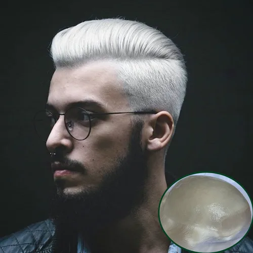 Vista 9 de Voloria Toupee para hombres 100% cabello humano europeo suizo frente encaje frontal natural piezas de cabello 0.003 in piel fina PU V-looped sistema