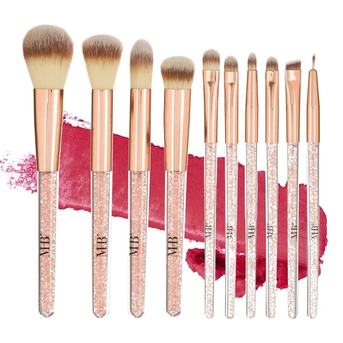 Vista 8 de Juego de 10 brochas de maquillaje profesionales con piedras preciosas brillantes doradas, cepillos profesionales de cerdas suaves para uso diario