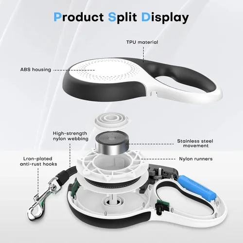 Vista 3 de Correa retráctil para perro con cable a prueba de mordeduras y linterna LED, correa resistente de 16 pies, adecuada para perros pequeños/medianos