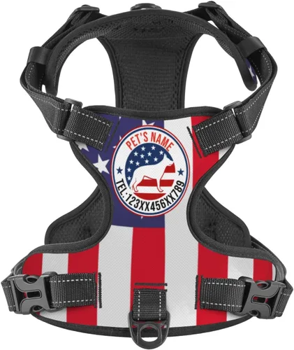 Vista 20 de Arnés personalizado para perro sin tirones, chaleco personalizado con bandera estadounidense para perro con número de teléfono y nombre de mascota