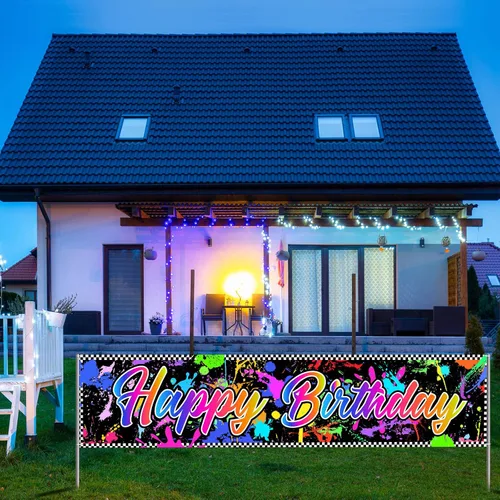 Vista 4 de Cartel de neón para decoración de cumpleaños que brilla en la oscuridad, fondo colorido de grafiti, suministros para fiesta, telón de fondo