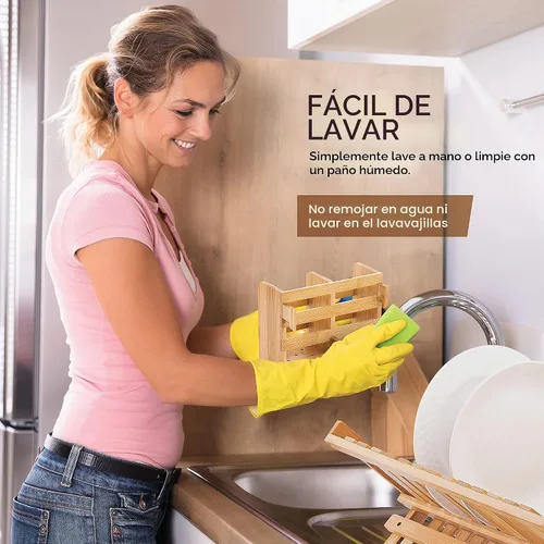 Vista 7 de Porta Utensilios de Bambú para Escurridor de Platos - Organizador para Cubiertos y Utensilios con Ganchos - Compatible con Escurridores de Platos