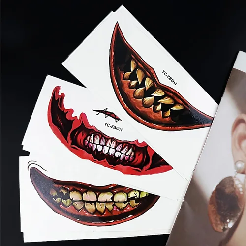 Vista 5 de Calcomanías de tatuaje de boca de sonrisa de Halloween, tatuajes temporales de boca de payaso, 12 hojas de calcomanías de cara aterradora