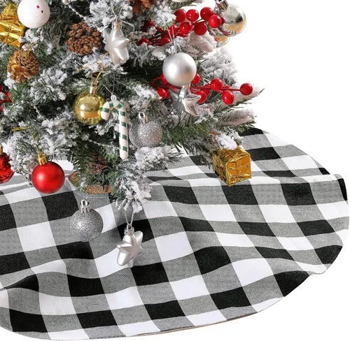 Vista 10 de SoarDream Faldas de árbol a cuadros de Navidad pequeñas de 24 pulgadas, falda de árbol a cuadros de búfalo rojo y negro para Navidad, fiesta de Año