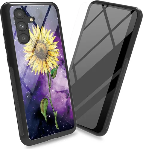 Vista 22 de Funda para Samsung Galaxy A13 5G con protector de pantalla, cubierta trasera de vidrio templado, diseño de flores de gato negro, marco de Flores
