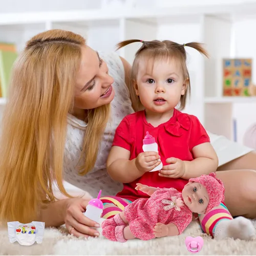 Vista 5 de DONTNO Muñeca de bebé de 12 pulgadas con ropa y accesorios, Set de alimentación y cuidado de muñeca bebé renacida viva con biberones, pañal