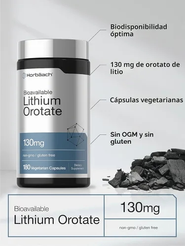 Vista 4 de Horbäach Orotato de litio 130mg 180 Cápsulas Sin OMG, sin gluten, vegano 5 mg de litio elemental biodisponible