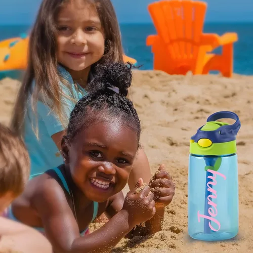 Vista 6 de Mostop Botellas de agua personalizadas para niños, botella de agua deportiva con nombre personalizado de 16 onzas con popote para niños, niñas