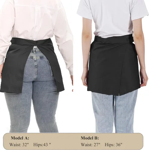 Vista 4 de Delantales de servidor, tamaño grande, 3 bolsillos, delantal de media cintura en color negro para mujeres y hombres