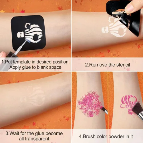 Vista 2 de Kit de tatuajes temporales con purpurina para niños, 24 purpurina corporal, 2 pegamento, 5 pinceles, 187 plantillas, kit de maquillaje de Halloween