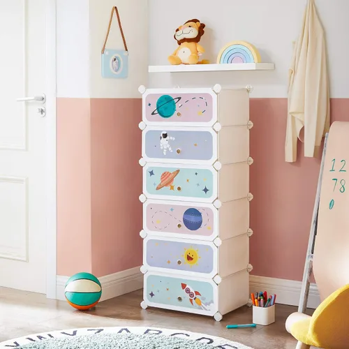 Vista 4 de SONGMICS Zapatero para niños con puertas, organizador de almacenamiento apilable de 6 ranuras, armario de plástico, juguetes, libros, ropa, 12.2 x
