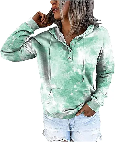 Vista 152 de Sudaderas con capucha para mujer, con cuello de botón, sin botones, con cordón, manga larga, lindas, ropa para adolescentes y niñas