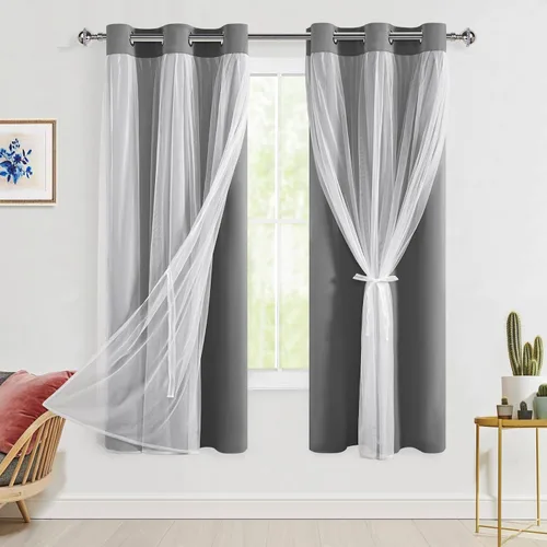 Vista 118 de Hiasan Cortinas opacas con superposición transparente, aislamiento térmico para mezclar y combinar de doble capa, cortinas de oscurecimiento de Beige