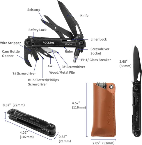 Vista 7 de ROCKTOL Multitool Gen-R Lite, Cuchillo de Bolsillo EDC Retro Negro con Hoja VG10, Multiherramienta Compacta 15-en-1 con Destornillador, Tijeras