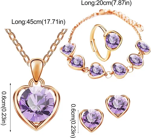 Vista 3 de Juego de pulsera de cristal con forma de corazón, cuatro aretes, anillos, joyería de moda para mujer (morado, talla única)
