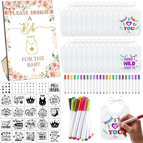 Vista 12 de Panitay Kit de decoración de 100 baberos para bebé, 50 baberos blancos, 25 plantillas, 24 marcadores de tela, 1 letrero de juego para baby shower