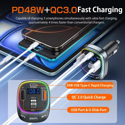 Vista 3 de Redroman Adaptador de coche USB C Bluetooth 5.4 para llamadas manos libres y carga rápida de 48 W, transmisor FM inalámbrico receptor de audio