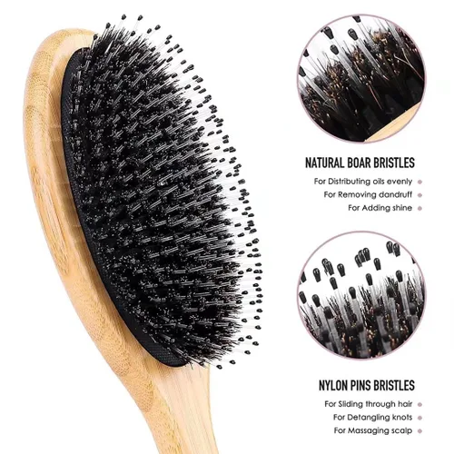 Vista 2 de Juego de Cepillo y Peine con Cerdas de Jabalí para Cabello Rizado, Grueso, Largo, Fino, Seco y Húmedo, el Mejor Cepillo Desenredante de Paleta