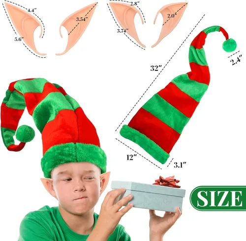 Vista 3 de Hillban 4 piezas de sombreros y orejas de elfo de Navidad, accesorios de gnomo de elfo para disfraz de fiesta de Navidad (estilo a rayas)