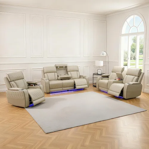 Vista 19 de Sofá reclinable con luces LED, sofá reclinable de cuero con dos asientos reclinables/puerto USB/consola de almacenamiento/soporte para vasos