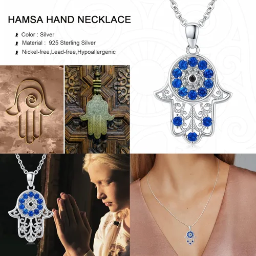 Vista 5 de Evil Eye Necklace for Women 925 Sterling Silver Tree of Life Hamsa Pendant Necklace Amulet Jewelry Gifts for Teen Girls