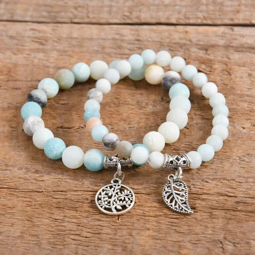 Vista 2 de YGLINE Pulseras de piedra curativa de yoga del árbol de la vida, juego de pulseras de reiki de piedra de chakra de loto multicapa, piedra natural
