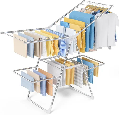 Vista 11 de Sakugi Escurridor de ropa, plegable de 2 niveles con alas ajustables en altura, para ropa y ropa de cama, estante independiente que ahorra espacio