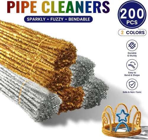 Vista 2 de Limpiapipas Suministros de Artesanía Tallos de chenilla para manualidades de bricolaje Purpurina dorada+plata