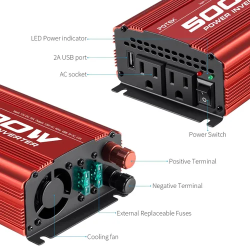 Vista 3 de POTEK - Inversor de corriente para automóvil de 500W, DC 12V a AC 110V, con 2 tomas de corriente AC y puerto USB de 2A