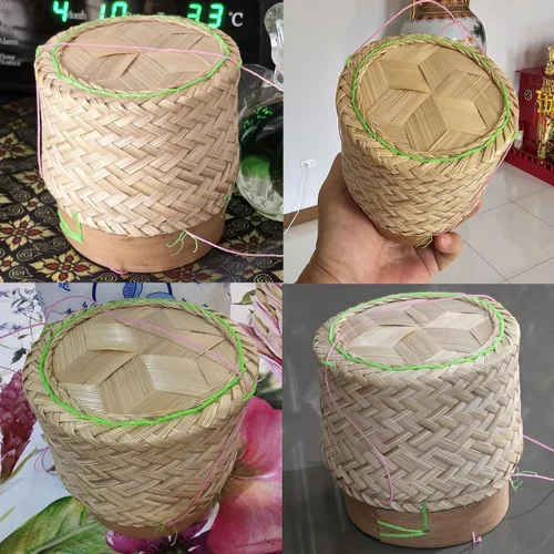 Vista 4 de Cesta de arroz pegajosa Contenedor pequeño Kratip Tazón para servir tailandés Arroz de bambú Tailandés Laos Tejido Tradicional Wickerwork Servir