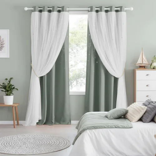 Vista 45 de NICETOWN Cortinas para Dormitorio de Niñas Infantiles con Estrellas Caladas Ventana 2 Capas Cortina 63 Pulgadas de Longitud Oscurecimiento