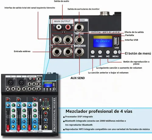 Vista 2 de Depusheng HT4 Bluetooth compatible con Bluetooth - Consola digital profesional para DJ con mezclador USB de 4 canales, tableros de mezcla