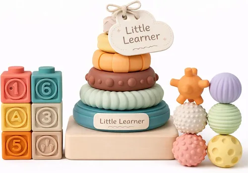 Vista 14 de Pelotas sensoriales, juguetes Montessori con sonajero de bebé de 3 a 6 meses 6 Multiple Textured Stress Balls with Blue Rattle, Bright