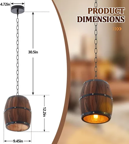 Vista 2 de Copkim Lámpara colgante de barril de vino de madera rústica con cadena ajustada, lámpara colgante antigua E26 lámpara de techo para bar, cocina