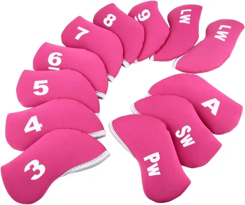 Vista 4 de 12 unids Golf Club Iron Head Covers Neopreno Hierro Cubierta 3-LW Proteger Caso Blanco y rosa