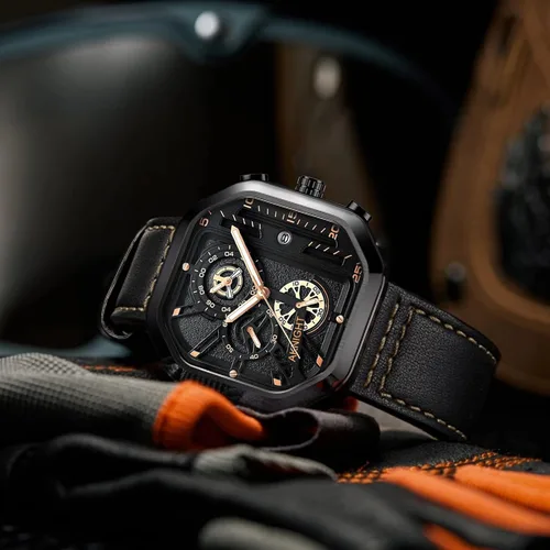 Vista 9 de BY BENYAR AKNIGHT Men's Square Watches with Black Leather Strap, Chronograph Function, Stylish Business Watch, Waterproof Luminous Casual Wrist
