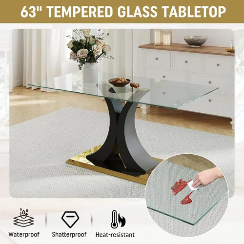 Vista 7 de Moderno juego de mesa de comedor rectangular de vidrio para 4, 63 pulgadas, mesa transparente de cocina de lujo con base negra y dorada, 4 sillas