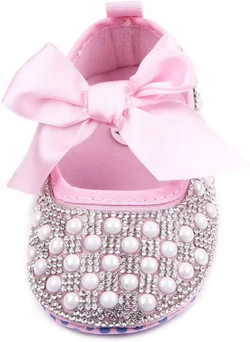 Vista 2 de Zapatos planos Mary Jane para bebés y niñas, con lazo brillante y diamantes de princesa, zapatos antideslizantes para cuna