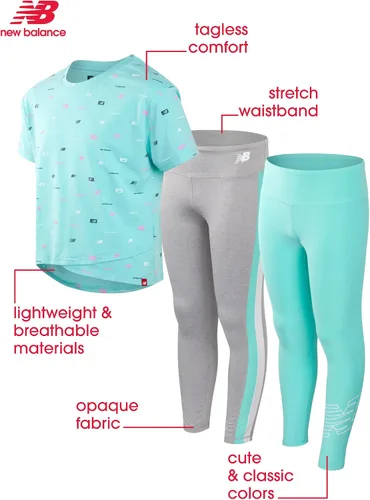 Vista 2 de New Balance Conjunto de leggings activos para niñas, conjunto de camiseta y leggings de 3 piezas