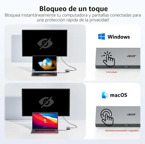 Vista 5 de Acer Estación de acoplamiento USB C con monitor dual con 2 HDMI, estación de acoplamiento para laptop 9 en 1 con HDMI 4K@60Hz, USB A y C 3.0